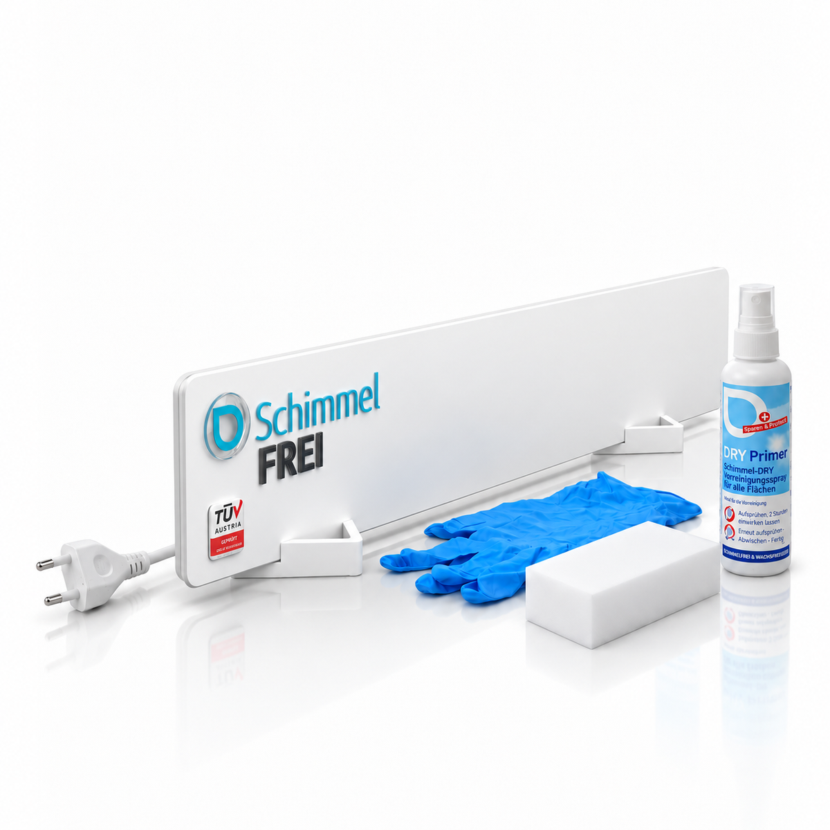 Inhalt des Startpakets: Paneel, Vorreinigungsspray, Schmutz-Radierer, Handschuhe
