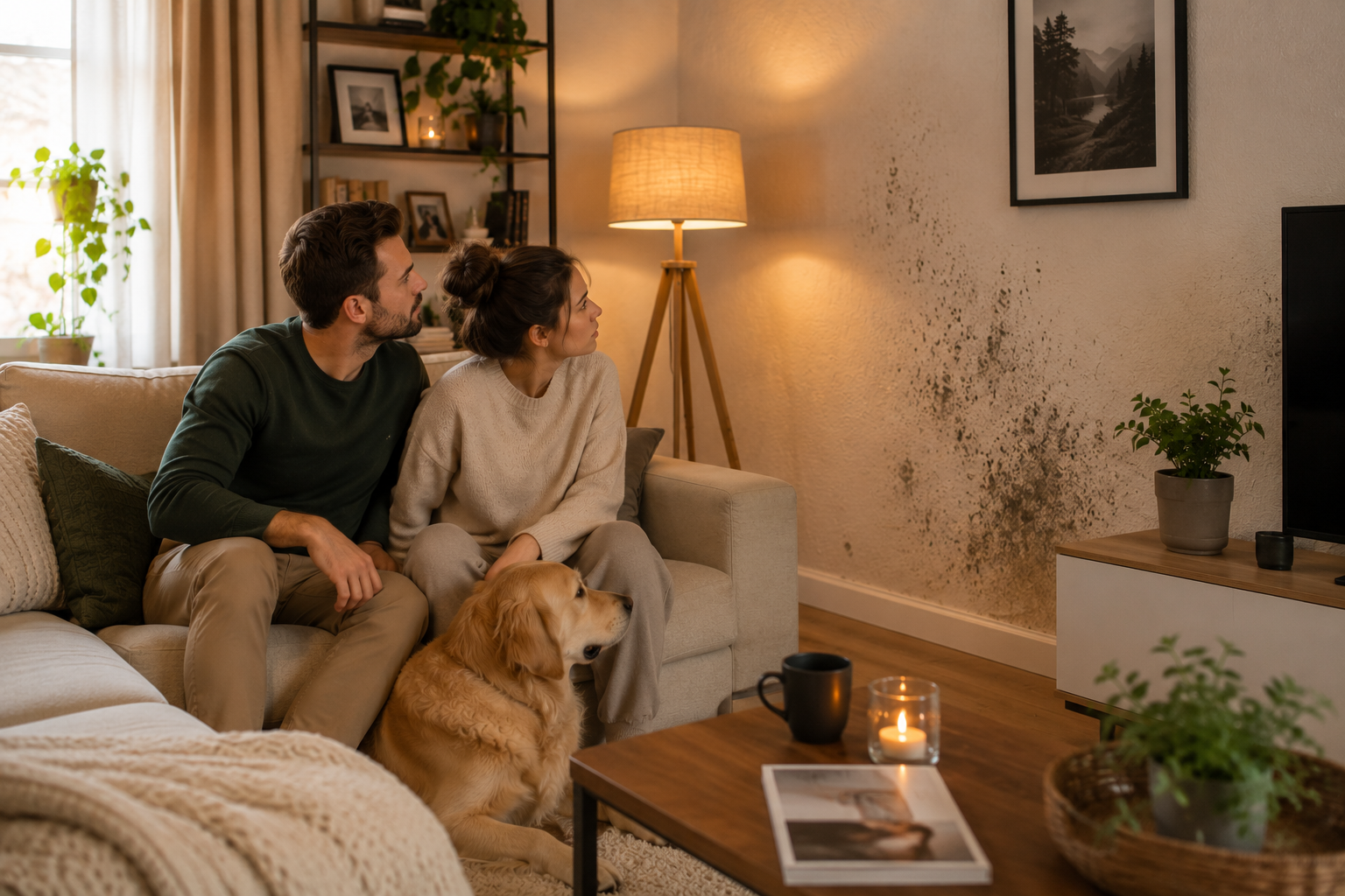Familie mit Hund entdeckt Schimmel im Wohnzimmer
