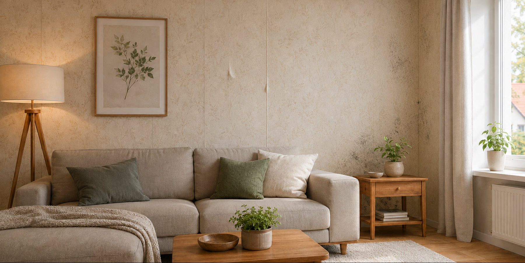 wohnzimmer mit Schimmel an der Tapete